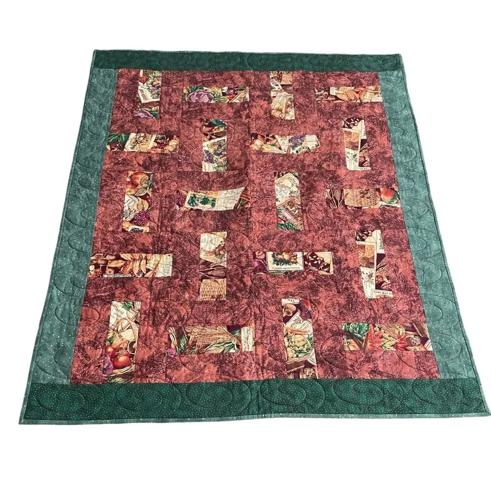 Handmade Harvest Lap Quilt Split Rail Greens & Browns Fall Leaf Berries 43 x 52